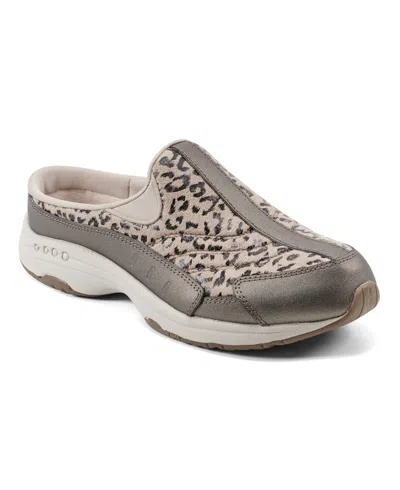 Easy Spirit Travel Time 730 Womens Animal Print Leather Slip-on Sneakers In Pewter Leopard