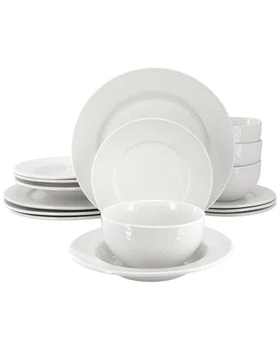 Elama Julia 16 Piece Scalloped Double Bowl Porcelain Dinnerware Set In White