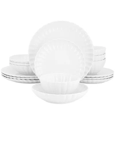 Elama Julia 16 Piece Scalloped Double Bowl Porcelain Dinnerware Set In White