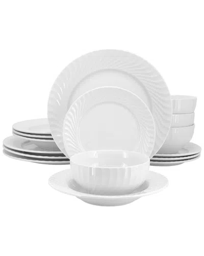 Elama Julia 16 Piece Scalloped Double Bowl Porcelain Dinnerware Set In White