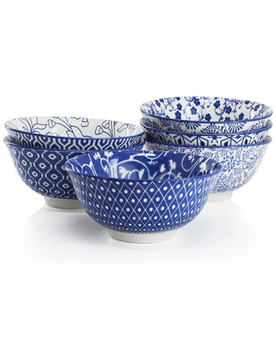 Elama Moxy 6 Piece Assorted Design 20oz Porcelain Footed Bowl Set In Blue