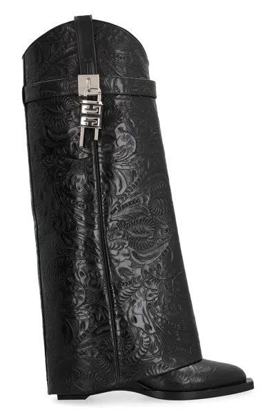 Givenchy Shark Lock Leather Knee-high Cowboy Boot In Black