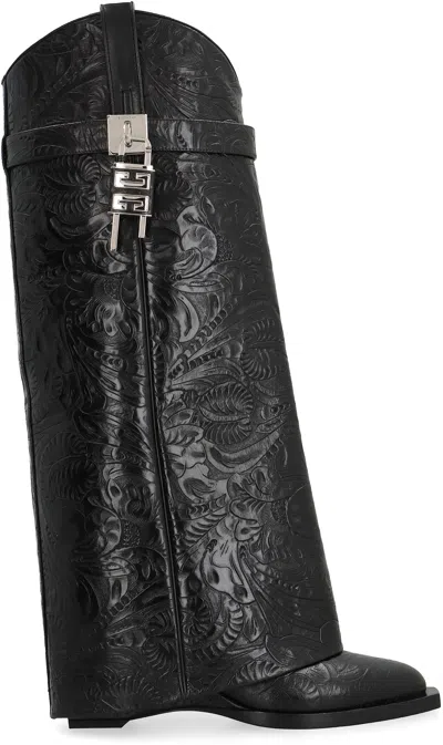 Givenchy Shark Lock Leather Knee-high Cowboy Boot In Black