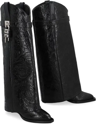 Givenchy Shark Lock Leather Knee-high Cowboy Boot In Black