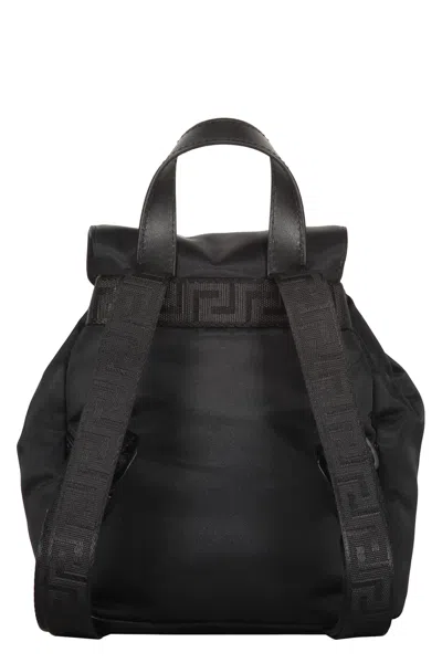 Versace Logo Detail Nylon Backpack In Black