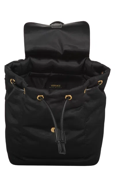 Versace Logo Detail Nylon Backpack In Black