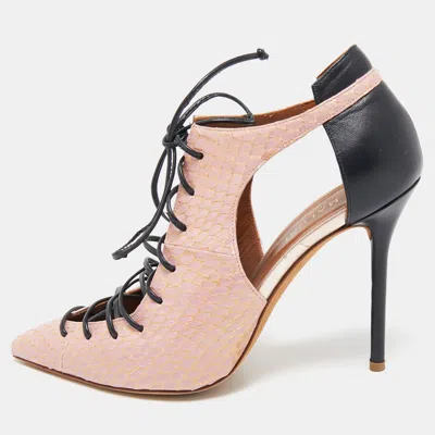 Pre-owned Malone Souliers Beige/black Leather And Python Montana Lace Up Booties Size 38