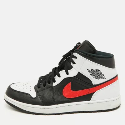 Pre-owned Air Jordans Black/white Leather Jordan 1 Mid Sneakers Size 46