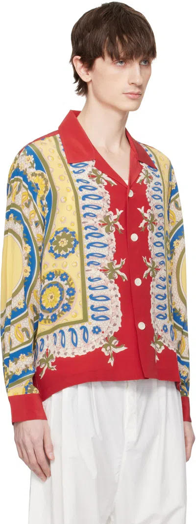 Bode Mens Bricolage Short-sleeve Silk Shirt In Red