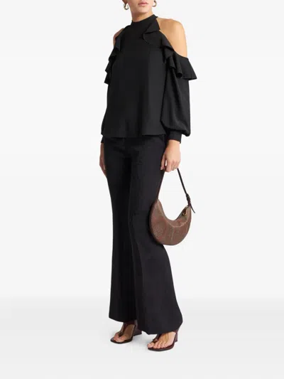 Etro Draped Detail Cold Shoulder Blouse With Ruffled Design In Black