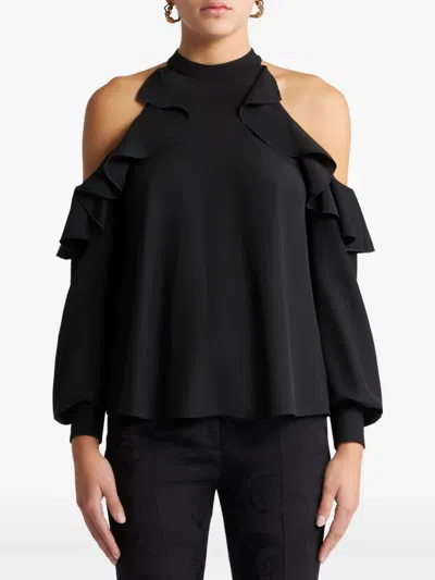 Etro Draped Detail Cold Shoulder Blouse With Ruffled Design In Black