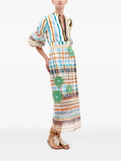 Silvia Tcherassi Nuru Striped Eyelet Puff-sleeve Blouse In Blue