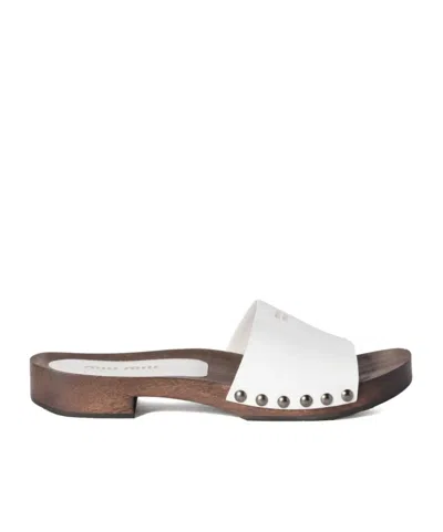 Miu Miu Wood Sole Flat Sandals With Studded Side In White