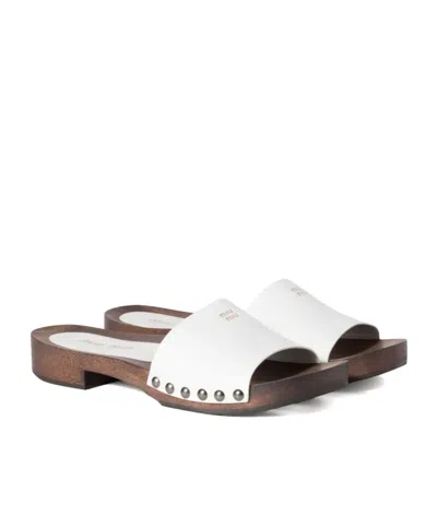 Miu Miu Wood Sole Flat Sandals With Studded Side In White