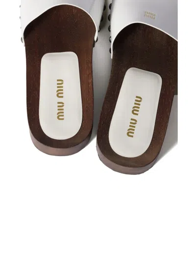 Miu Miu Wood Sole Flat Sandals With Studded Side In White