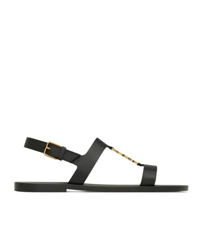 Saint Laurent Cassandra Logo Plaque Flat Sandals In Black