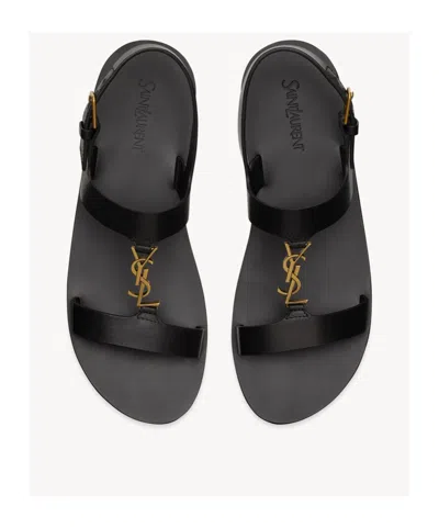 Saint Laurent Cassandra Logo Plaque Flat Sandals In Black