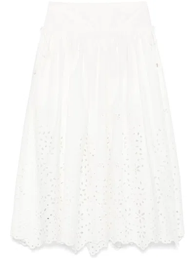 Self-portrait White Midi Skirt With Side Gathered Details And All-over Embroidery
