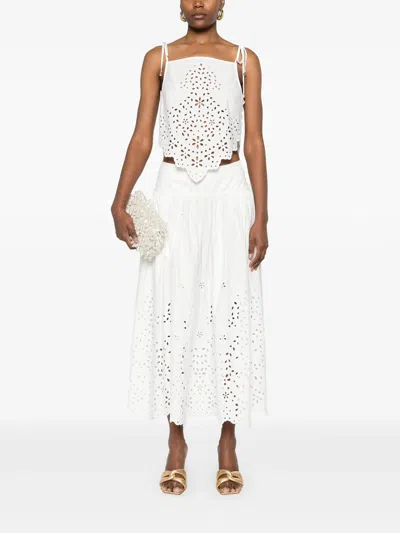 Self-portrait White Midi Skirt With Side Gathered Details And All-over Embroidery