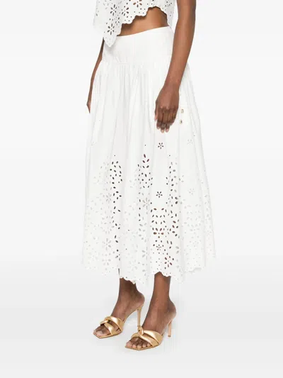 Self-portrait White Midi Skirt With Side Gathered Details And All-over Embroidery