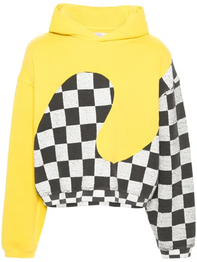 Erl Yellow Check Pattern Panelled Hoodie In Cotton Unisex