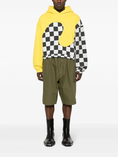 Erl Yellow Check Pattern Panelled Hoodie In Cotton Unisex