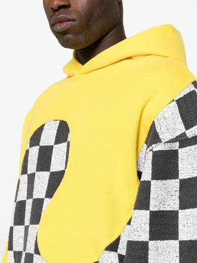 Erl Yellow Check Pattern Panelled Hoodie In Cotton Unisex