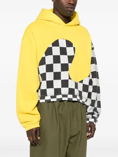 Erl Yellow Check Pattern Panelled Hoodie In Cotton Unisex