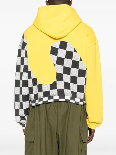 Erl Yellow Check Pattern Panelled Hoodie In Cotton Unisex