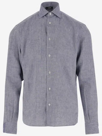 Herno Textured Grey Linen Shirt With Classic Collar In Grey