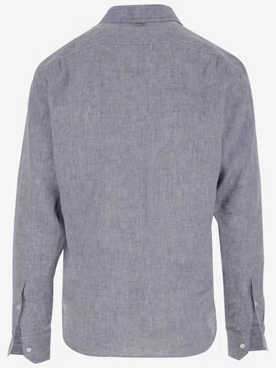 Herno Textured Grey Linen Shirt With Classic Collar In Grey