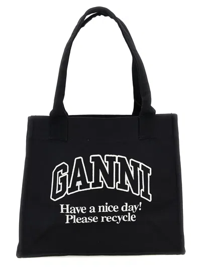 Ganni Black Shopper With Embroidered Logo On The Front In Denim Woman In White/black