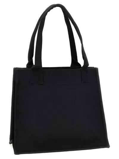 Ganni Black Shopper With Embroidered Logo On The Front In Denim Woman In White/black