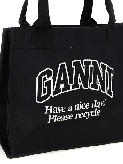 Ganni Black Shopper With Embroidered Logo On The Front In Denim Woman In White/black
