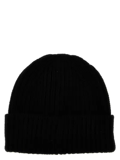 Golden Goose Mans Ribbed Black Wool Hat With Logo In Black