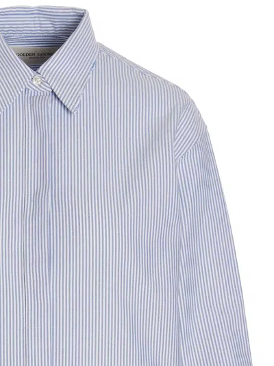 Golden Goose Striped Embroidered Shirt With Collared Cuffs In Light Blue
