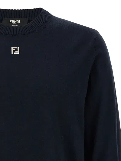 Fendi Ff Logo Wool Crewneck Sweater In Blue
