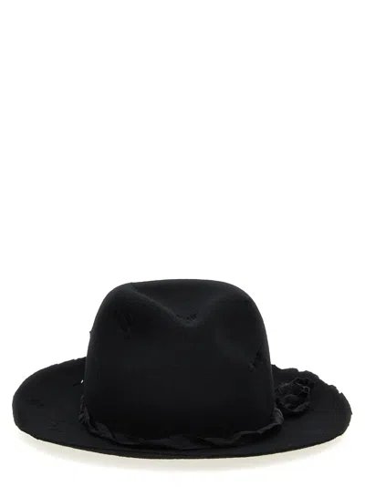 Yohji Yamamoto Distressed Narrow Brim Hat In Black