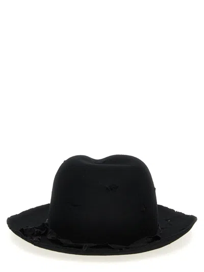 Yohji Yamamoto Distressed Narrow Brim Hat In Black