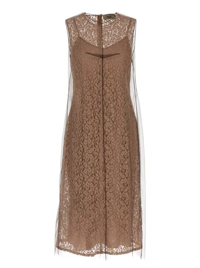 Fendi Women Beige Sleeveless Crewneck Dress With Floral Embroidery In Lace Woman In Brown