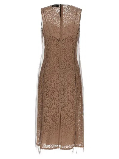 Fendi Women Beige Sleeveless Crewneck Dress With Floral Embroidery In Lace Woman In Brown