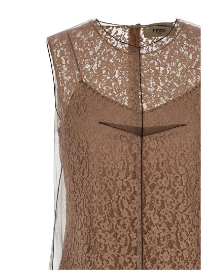 Fendi Women Beige Sleeveless Crewneck Dress With Floral Embroidery In Lace Woman In Brown