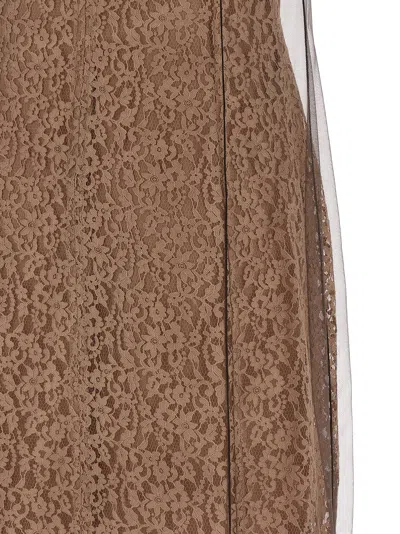 Fendi Women Beige Sleeveless Crewneck Dress With Floral Embroidery In Lace Woman In Brown