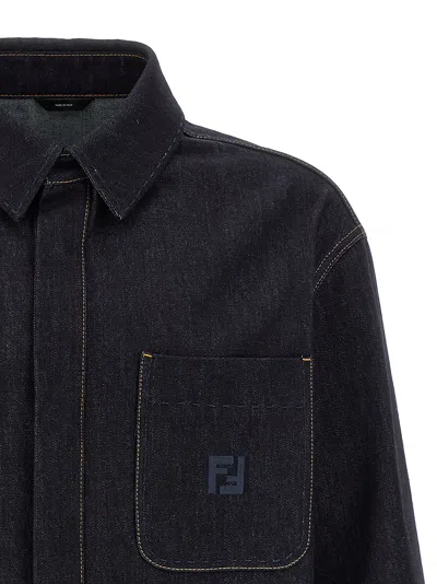 Fendi Embroidered Ff Long-sleeved Denim Jacket In Blue