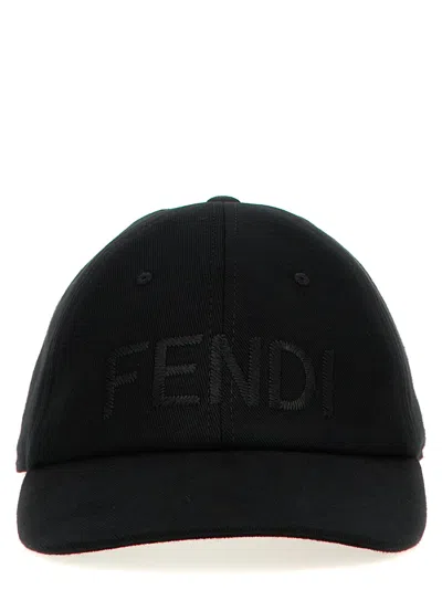 Fendi Men Wool Blend Baseball Hat With Logo Embroidery In Black