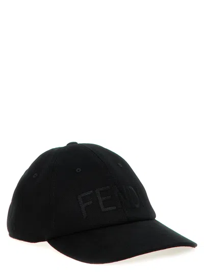 Fendi Men Wool Blend Baseball Hat With Logo Embroidery In Black