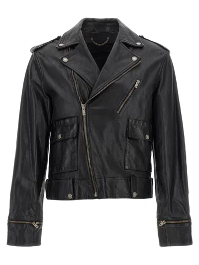 Golden Goose Black Biker Jacket With Notched Revers And Leopard Lining In Black