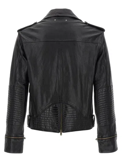 Golden Goose Black Biker Jacket With Notched Revers And Leopard Lining In Black