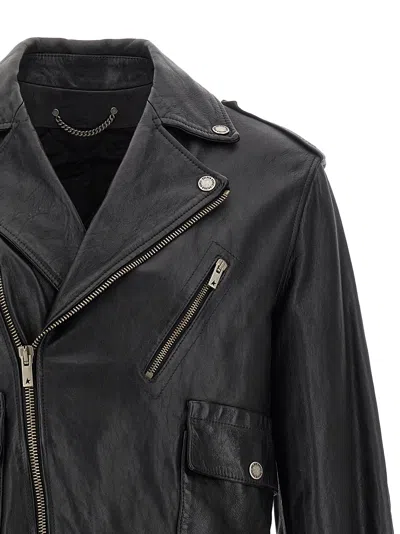 Golden Goose Black Biker Jacket With Notched Revers And Leopard Lining In Black
