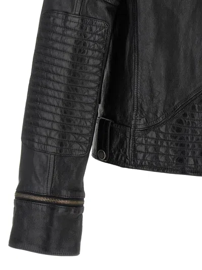 Golden Goose Black Biker Jacket With Notched Revers And Leopard Lining In Black